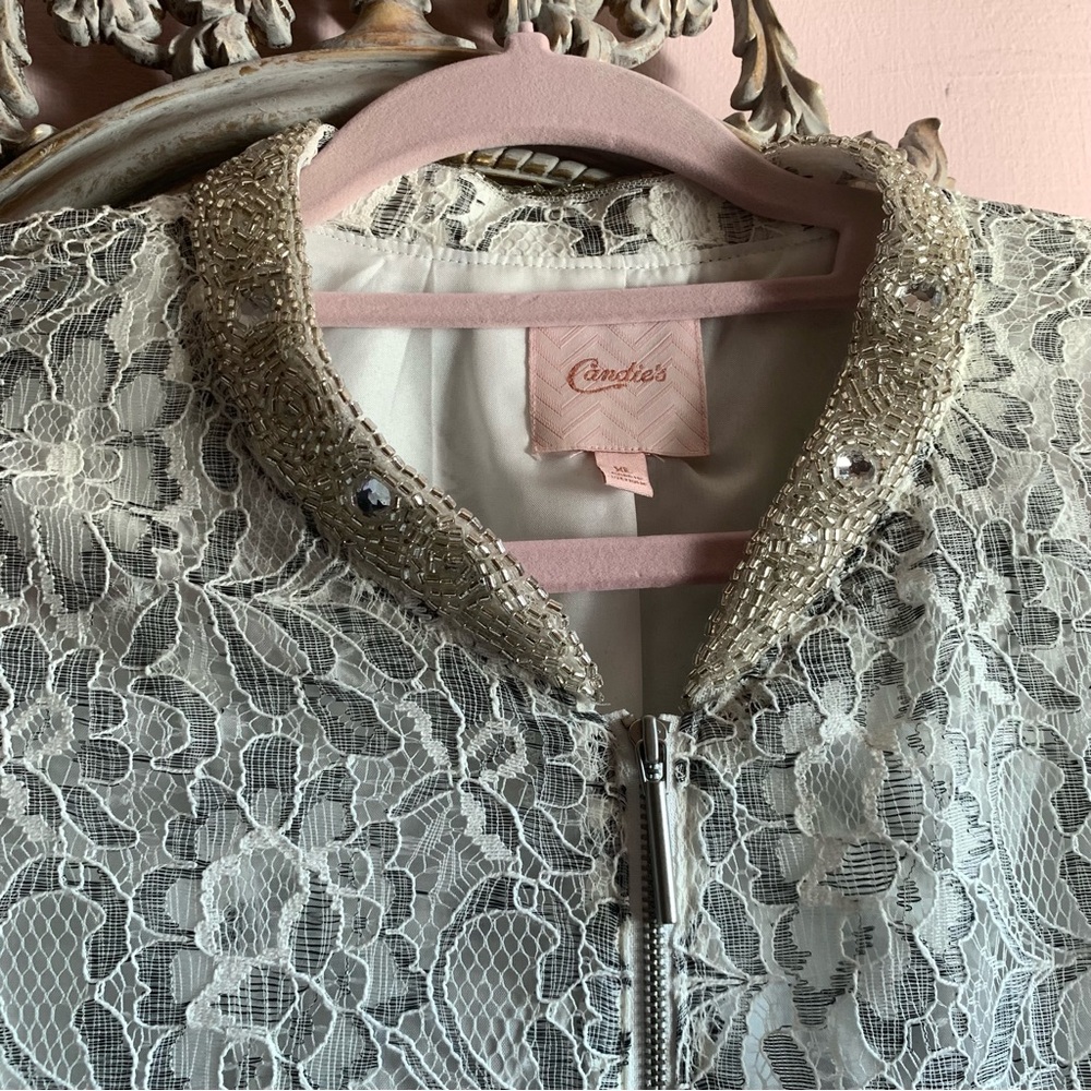 CANDIE'S Chic White and Gray Lace Bomber Jacket